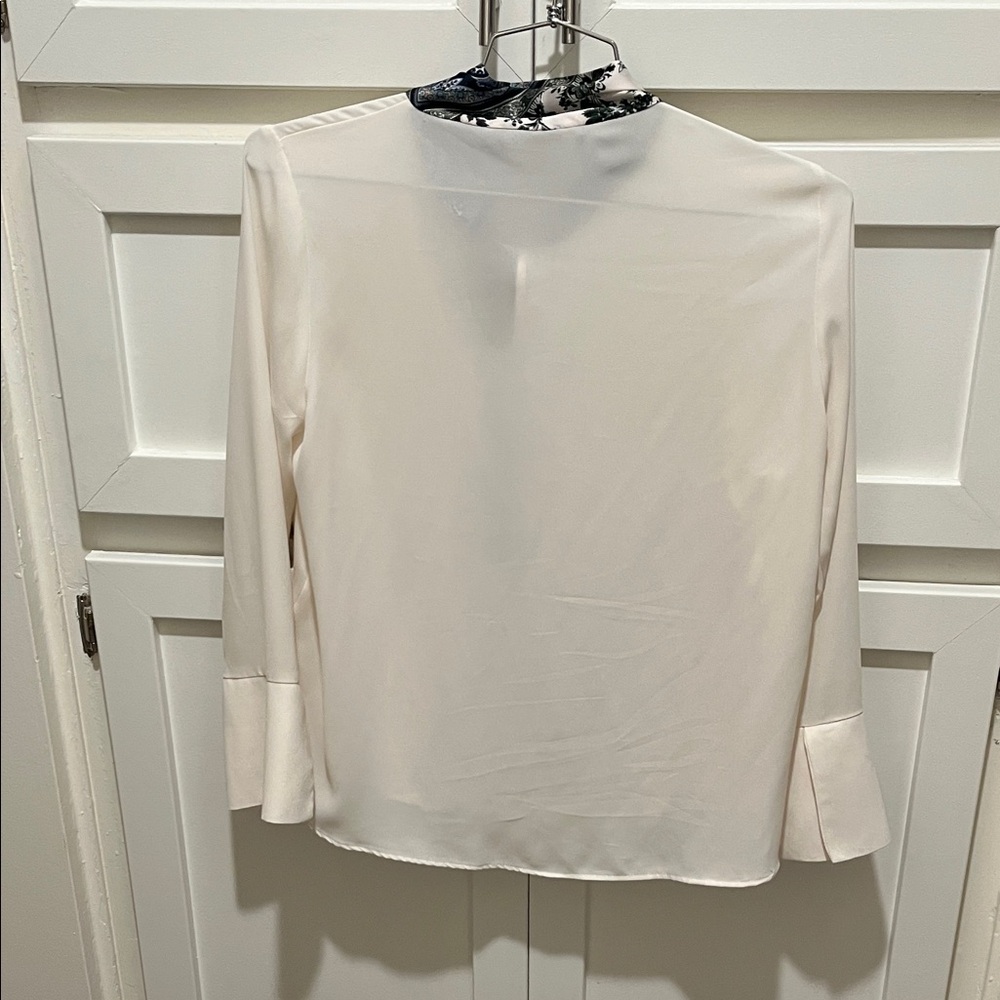 Zara Basic Cream Top With Blue Patterned Scarf - image 4